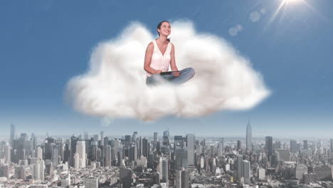 Woman-using-tablet-in-cloud-over-city