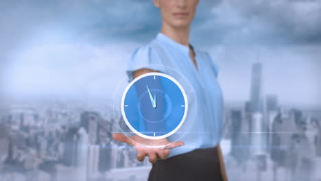 Businesswoman-holding-virtual-alarm-clock