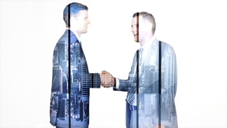 Business-workers-shaking-hand-with-skyscraper-overlay-