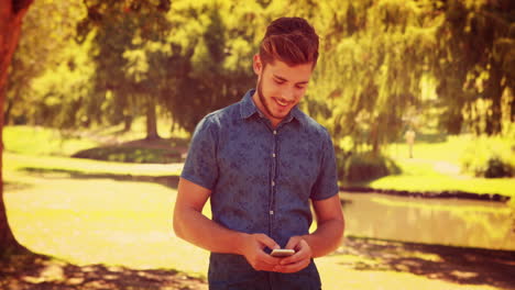 Handsome-man-texting-in-the-park