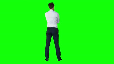 Wear-view-of-businessman-thinking-on-green-screen-