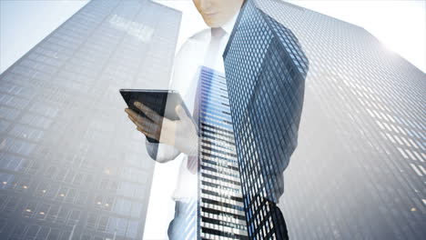 Businessman-using-tablet-with-cityscape-overlay