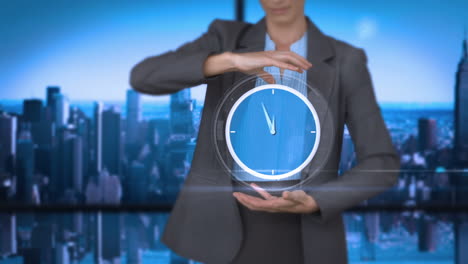 Businesswoman-holding-virtual-alarm-clock