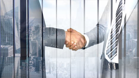 Business-workers-shaking-hand-with-skyscraper-overlay-