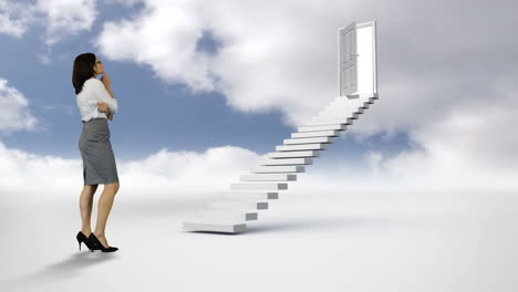 Businesswoman-looking-at-stair-with-an-opening-door-in-the-cloudy-sky
