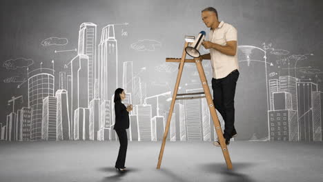 Boss-on-ladder-yelling-on-scared-businesswoman