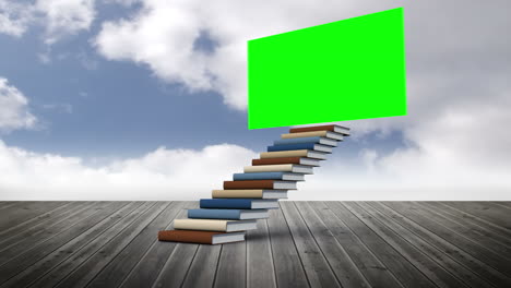 Green-Screen-Mit-Treppe-Aus-Büchern-Auf-Einem-Holzboden-