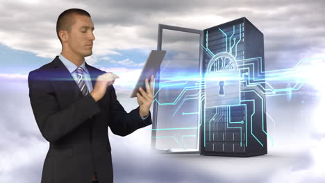 Businessman-using-tablet-computer-in-front-of-server-tower-on-sky-background