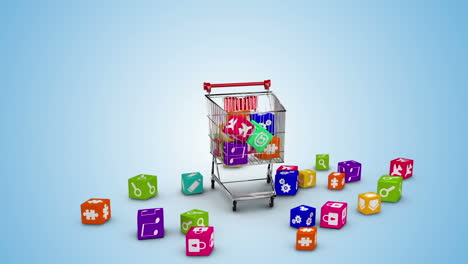 Icons-dropping-in-the-trolley-on-blue-background