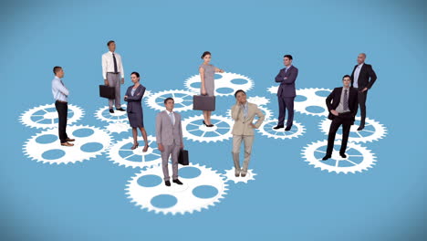 Business-people-standing-on-moving-cogs-and-wheels