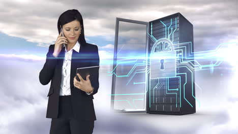 Businesswoman-having-phone-call-and-holding-tablet-computer-in-front-of-server-tower