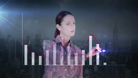 Happy-businesswoman-drawing-hologram-graph-with-city-on-background