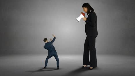 Giant-businesswoman-yelling-on-scared-businessman-with-megaphone