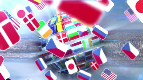 Ball-made-of-European-nationals-flags-turning-on-city-background