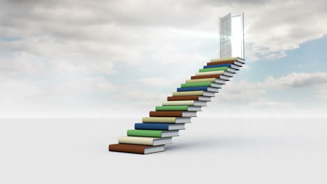 Stair-made-of-books-with-an-opening-door-in-the-cloudy-sky-