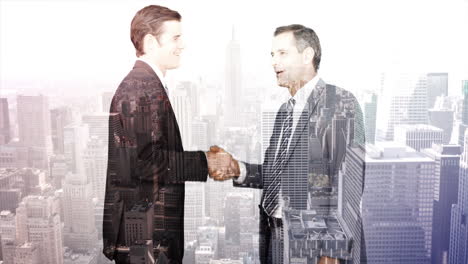 Business-workers-shaking-hand-with-skyscraper-overlay-