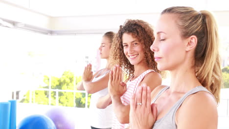 Lächelnde-Sportliche-Frauen-Stehen-In-Yogaposition
