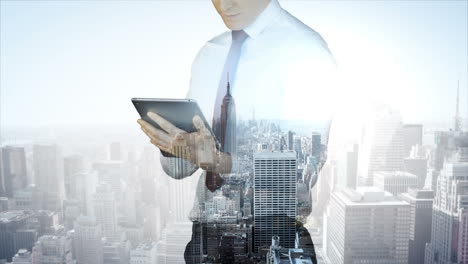 Businessman-using-tablet-with-cityscape-overlay