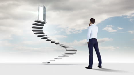 Businessman-looking-at-steps-with-an-opening-doors-in-the-sky-with-clouds-