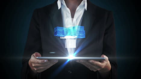 Businesswoman-using-tablet-with-holographic-cubes