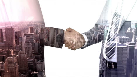 Business-workers-shaking-hand-with-skyscraper-overlay-