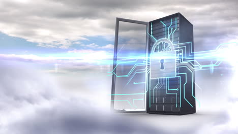 Server-tower-protecting-by-electronic-security-on-cloudy-sky-background-