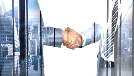 Business-workers-shaking-hand-with-skyscraper-overlay-