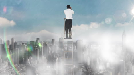 Businessman-on-ladder-looking-at-skyscraper-with-binoculars-