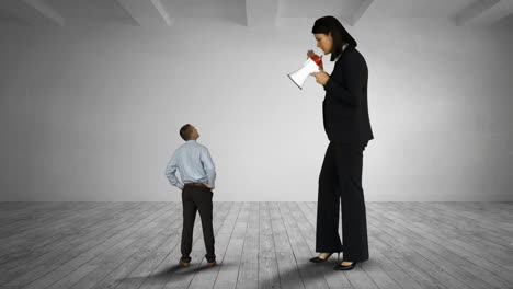 Giant-female-boss-yelling-on-scared-businessman-with-megaphone