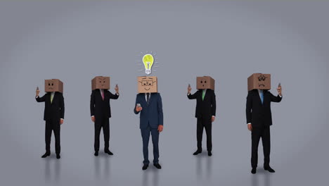 Team-of-businessman-hiding-head-with-box-and-using-smartphone