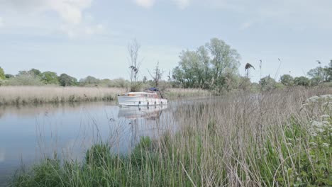 Leisure-Motor-launch-boat-navigates-River-Waveney-Broads-Suffolk