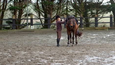 Mujer-Quitando-Su-Equipo-De-Su-Caballo-Afuera