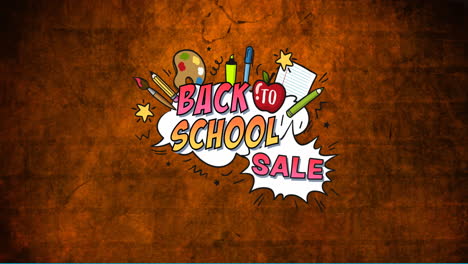 Animation-of-back-to-school-sale-text-banner-and-school-concept-icons-against-brick-wall-background