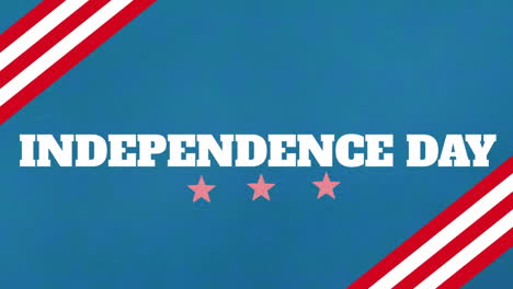 Animation-of-independence-day-text-with-star-shapes-and-stripes-on-blue-background