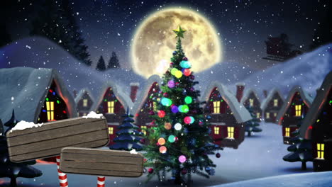 Animation-of-snowy-village-and-santa-passing