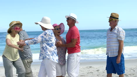 Ältere-Freunde-Tanzen-Am-Strand