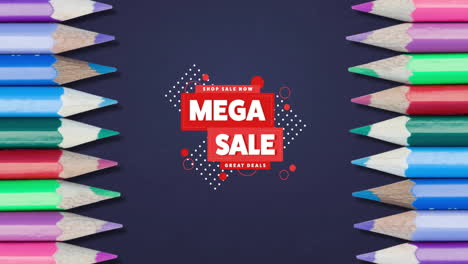 Animation-of-back-to-school-mega-sale-text-over-crayons