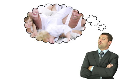 Businessman-thinking-about-waking-up-with-his-family