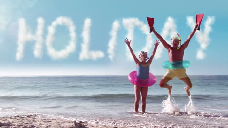 Senior-couple-jumping-on-the-beach