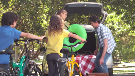 -Happy-family-of-four-unloading-car-trunk