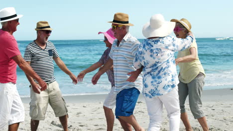 Ältere-Freunde-Tanzen-Am-Strand