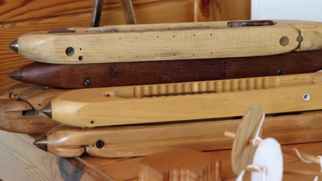 Close-up-of-wooden-loom-shuttle-in-a-empty-workshop-4k