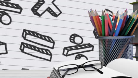 Animation-of-open-book,-glasses,-pencil-stand-against-page-turning-effect-over-mathematical-symbols