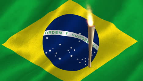 Animación-De-La-Antorcha-Olímpica-Siendo-Incendiada-Sobre-El-Fondo-De-La-Bandera-Brasileña.