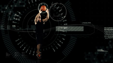 Athlete-playing-basketball-against-animated-background