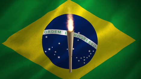 Animación-De-La-Antorcha-Olímpica-Siendo-Incendiada-Sobre-El-Fondo-De-La-Bandera-Brasileña.