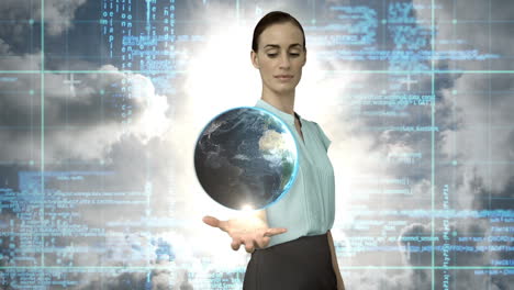 Businesswoman-holding-digital-generated-globe