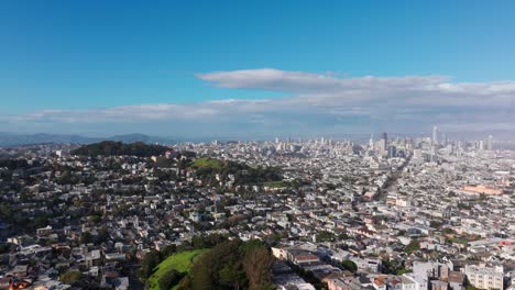 Pullback-drone-shot-showing-all-of-downtown-San-Francisco-on-sunny-day