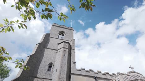 St-Peter-and-medieval-church-tower-Bardwell,-Suffolk-low-angle-view