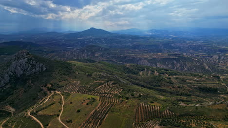 Aerial-view-of-a-mountainous-landscape-with-olive-plants-in-Peloponnese,-Greece